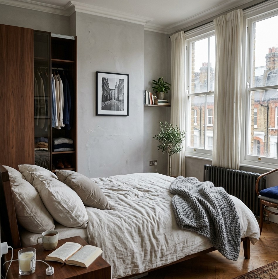 a lived-in modern bedroom inside a stylish Chelsea, London apartment