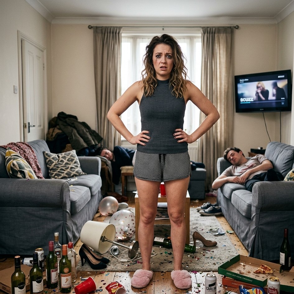 a slightly cramped but stylish middle-class London flat living-room after a massive house party