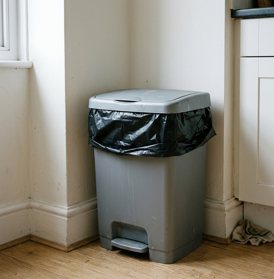 a simple freestanding plastic kitchen bin with a black plastic garbage bag fitted neatly inside