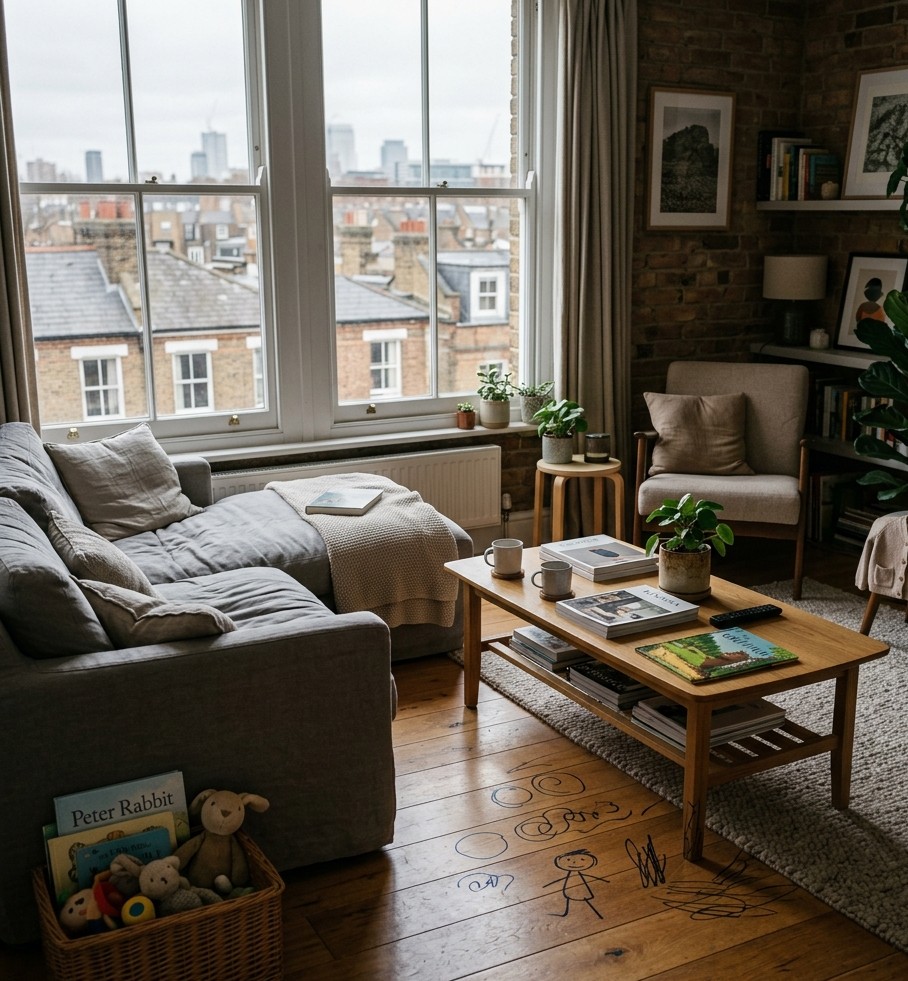 a modern lived-in upper-floor London apartment living room
